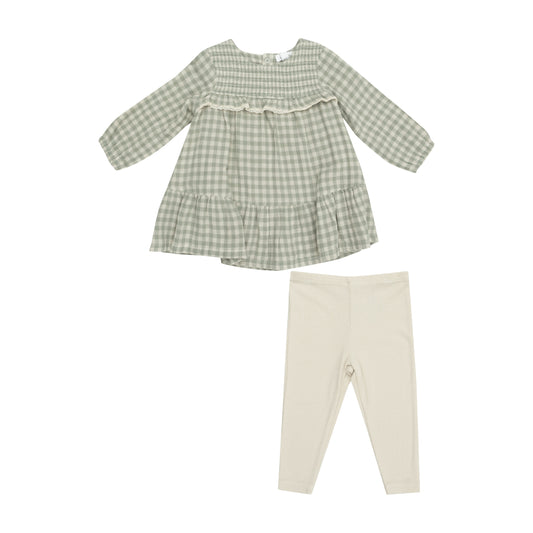 Green Gingham - Smocked Ruffle Tiered Dress and Ribbed Legging